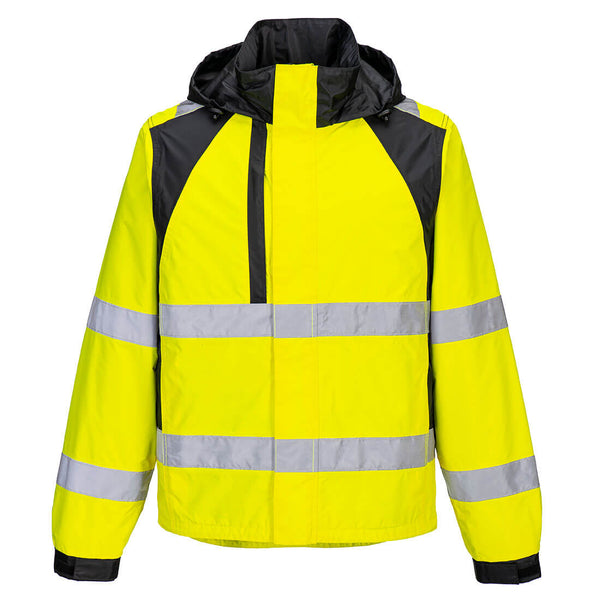 Yellow hi-vis safety coverall with reflective stripes and durable workwear construction