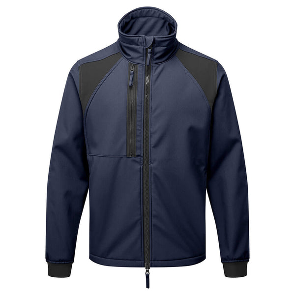 Navy blue durable work coverall with zip front, adjustable waist, and twin pockets