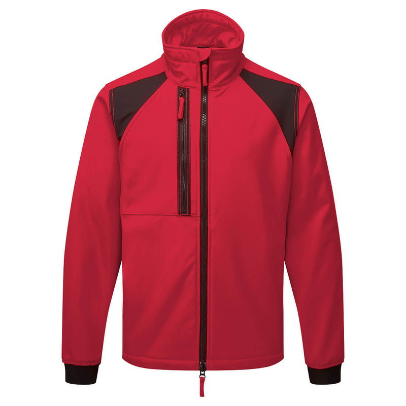 Red utility coverall with reflective trim, dual zip front, and reinforced stitched seams
