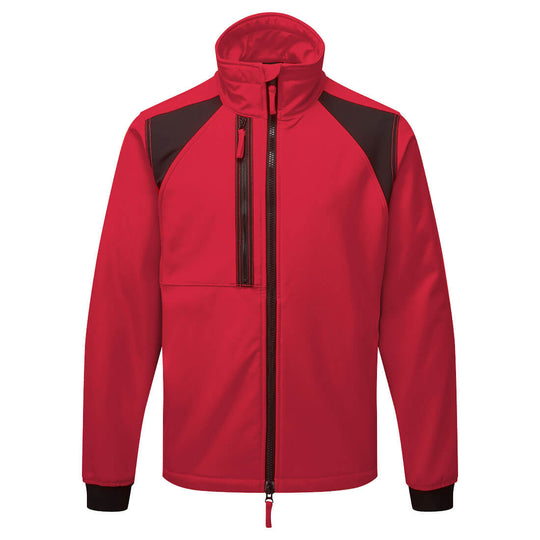 Red utility coverall with reflective trim, dual zip front, and reinforced stitched seams