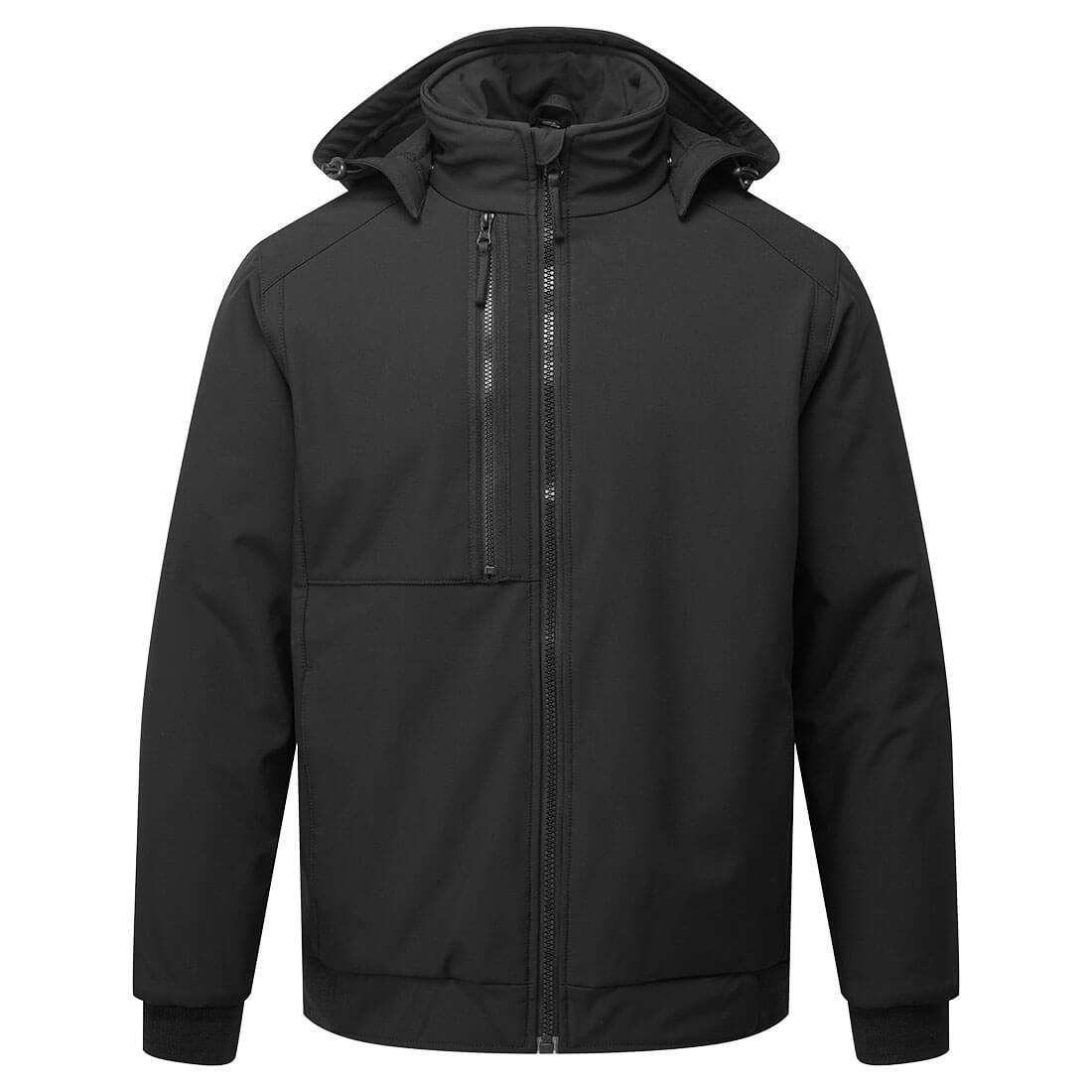 Black workwear coverall with ergonomic fit, chest pockets, and rugged polycotton fabric