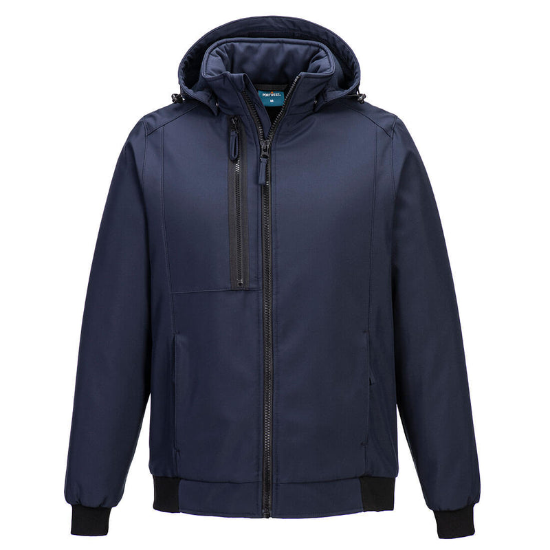 Navy coverall with safety-focused reflective accents and multi-pocket functional design