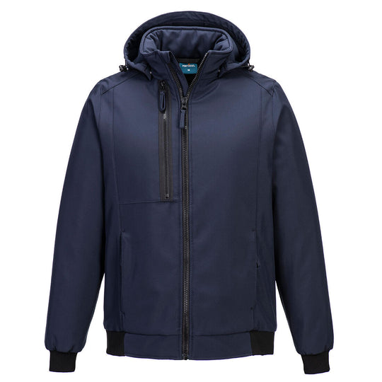 Navy coverall with safety-focused reflective accents and multi-pocket functional design