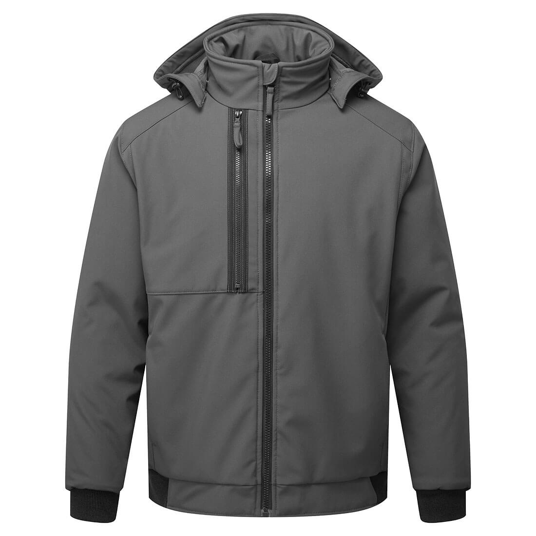 Grey softshell jacket with full zip, detachable hood, chest pocket, and ribbed cuffs for warmth