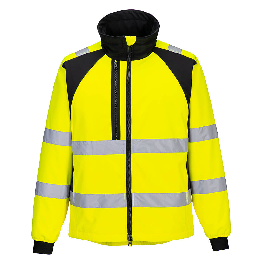 Yellow hi-vis coverall with full-body visibility striping and secure front zipper closure