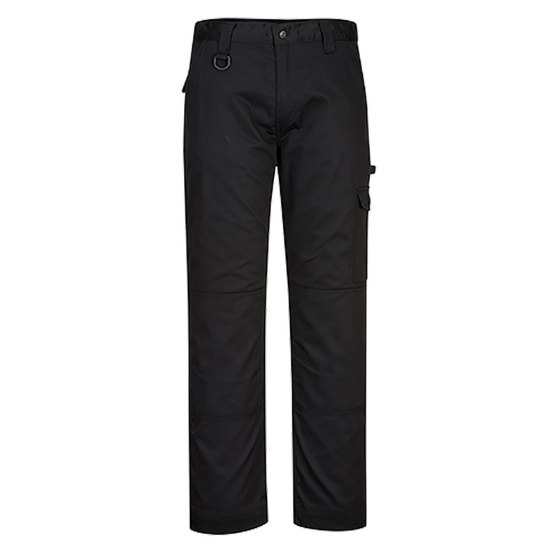 Black work trousers with multiple cargo pockets and reinforced knees for durability.