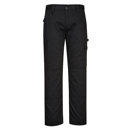 Black work trousers with multiple cargo pockets and reinforced knees for durability.