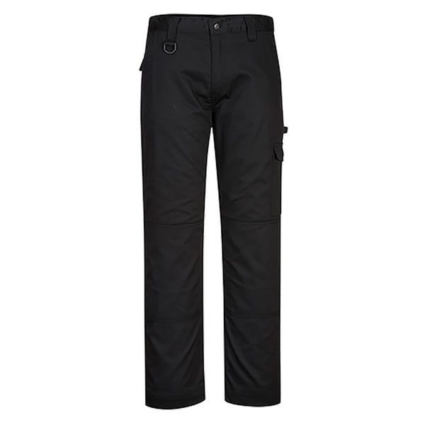 Black work trousers with multiple cargo pockets and reinforced knees for durability.