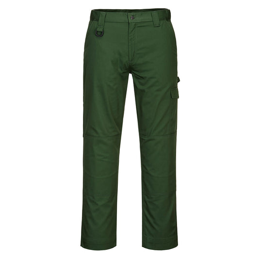 green work trousers with functional pockets and ergonomic knee panels
