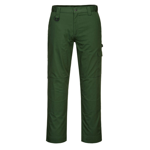 green work trousers with functional pockets and ergonomic knee panels
