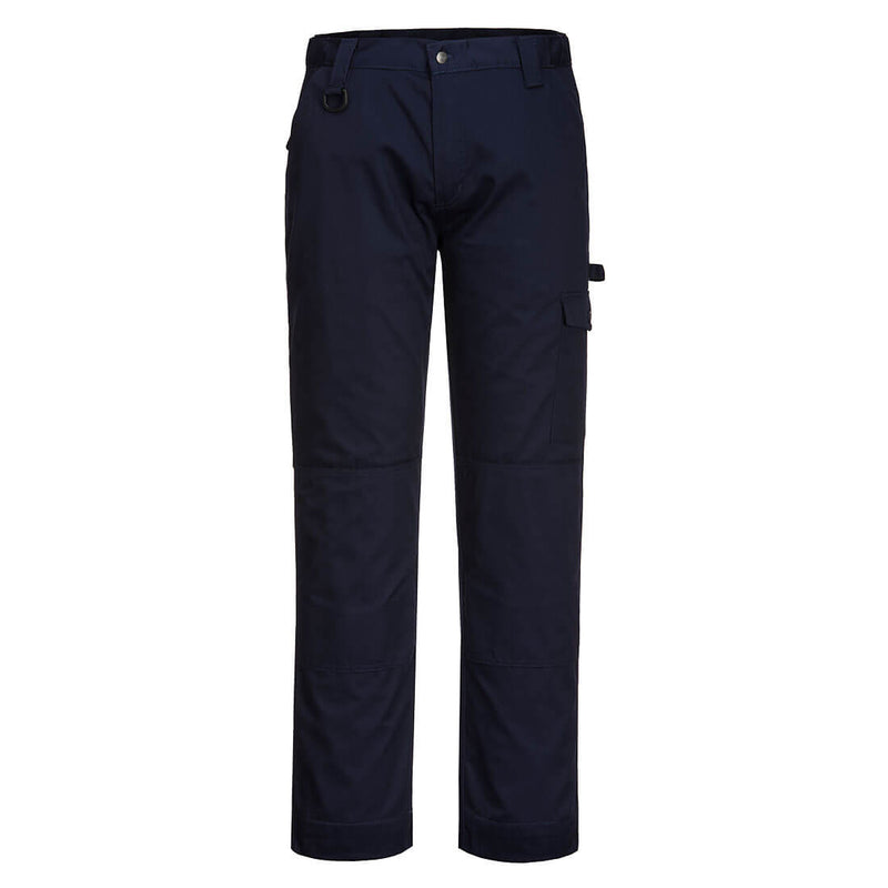 Navy and silver work trousers with secure zip pockets and reinforced seams.
