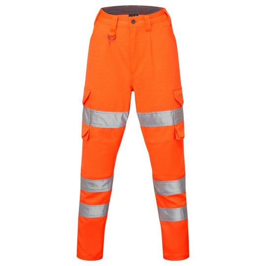 Front shot of the Leo Workwear Beckamoor women's cargo trouser in hi-vis orange.