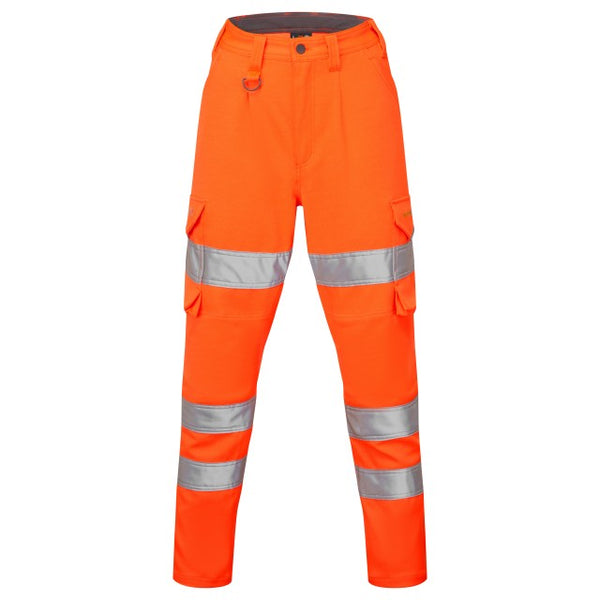 Front shot of the Leo Workwear Beckamoor women's cargo trouser in hi-vis orange.