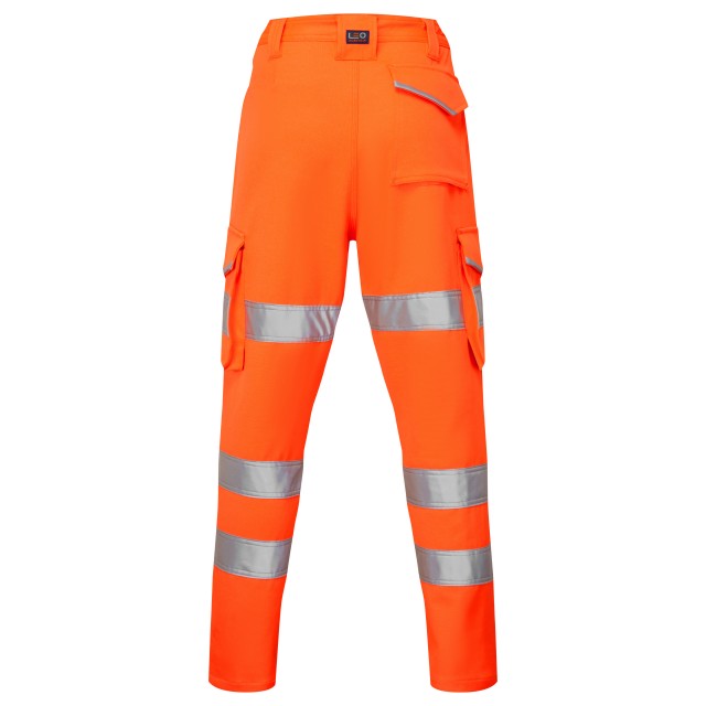 Rear shot of the Leo Workwear Beckamoor women's orange cargo trouser, showing seat pockets and hi-vis leg bands.