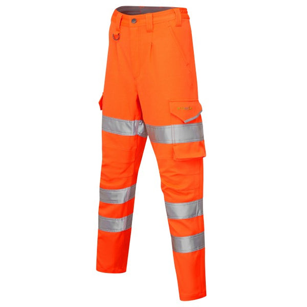 Left side view of the orange Leo Workwear Beckamoor women's stretch cargo trouser.
