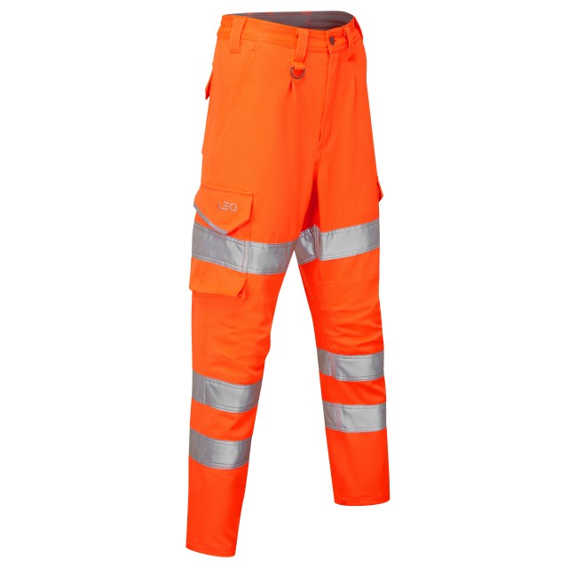 Right side of the orange Leo Workwear Beckamoor women's cargo trouser, showcasing the poly-cotton fabric and utility pocket.