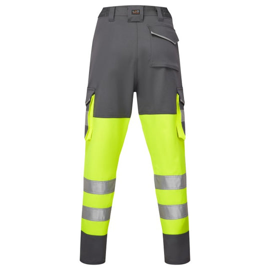 Rear view of the Leo Workwear Beckamoor women's hi-vis cargo trouser in yellow and grey.