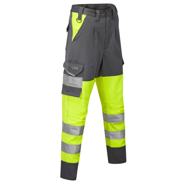 Right side of the Leo Workwear Beckamoor women's cargo trouser, detailing the utility pockets and reflective tape.