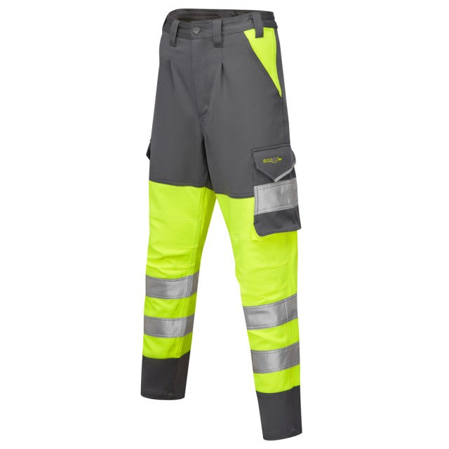Front view of the Leo Workwear Beckamoor women's yellow/grey stretch poly-cotton cargo trouser for comfortable workwear.