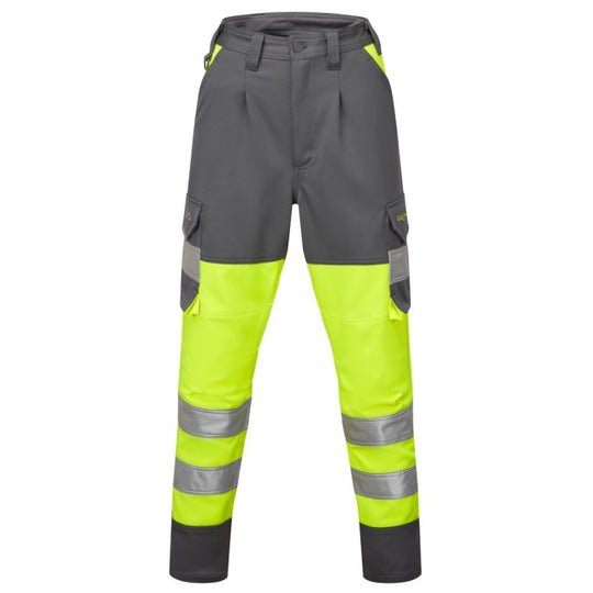 Angled view of the Leo Workwear Beckamoor women's cargo trouser in yellow/grey, showing pockets and stretch fit.