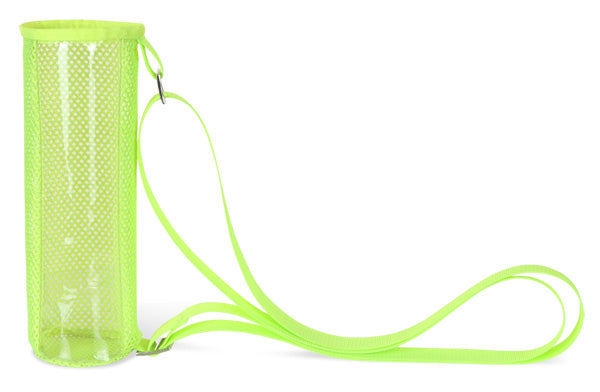 Neon green mesh carry pouch with shoulder strap, designed for portable oxygen canister storage