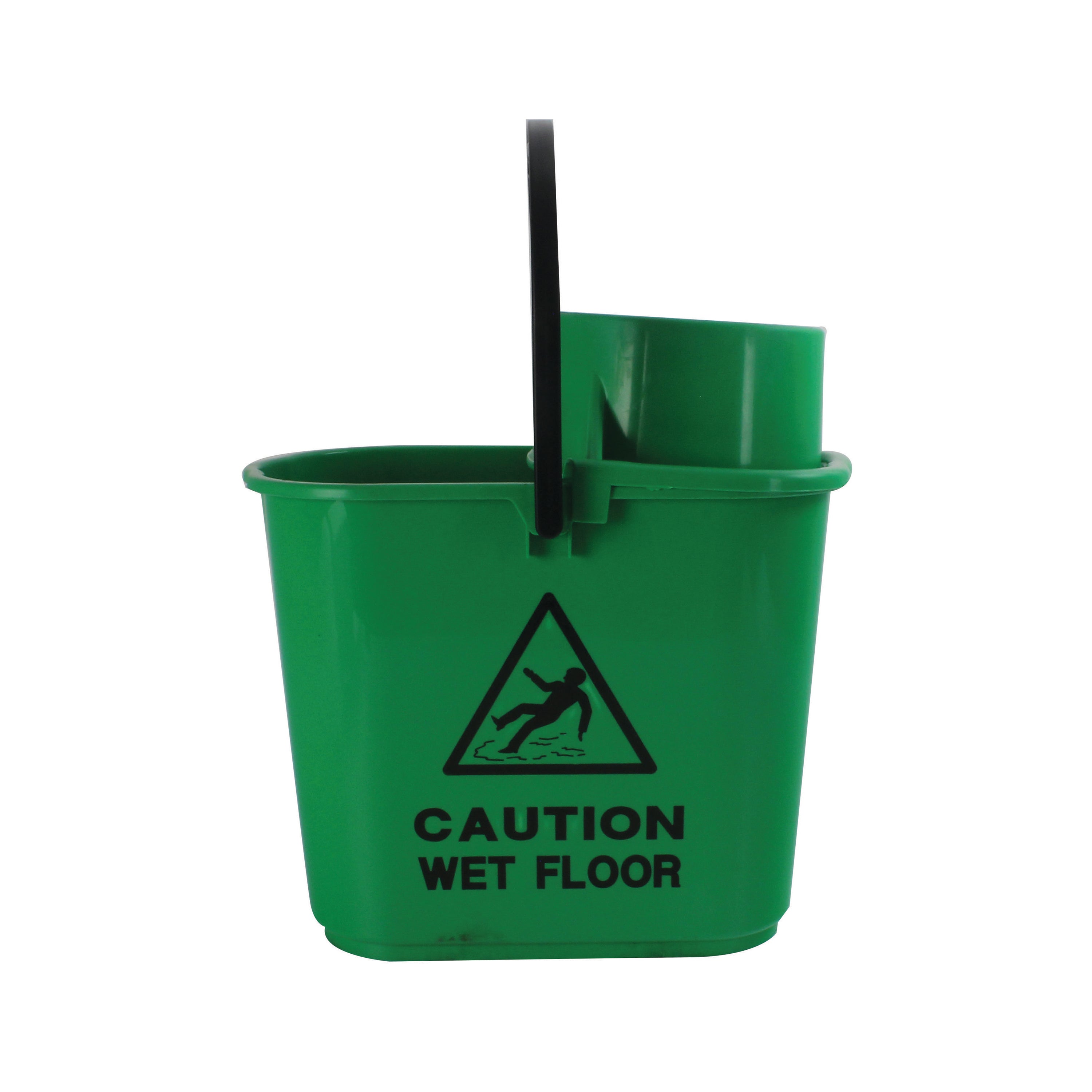 A green 15-litre 2Work plastic mop bucket with a wringer.