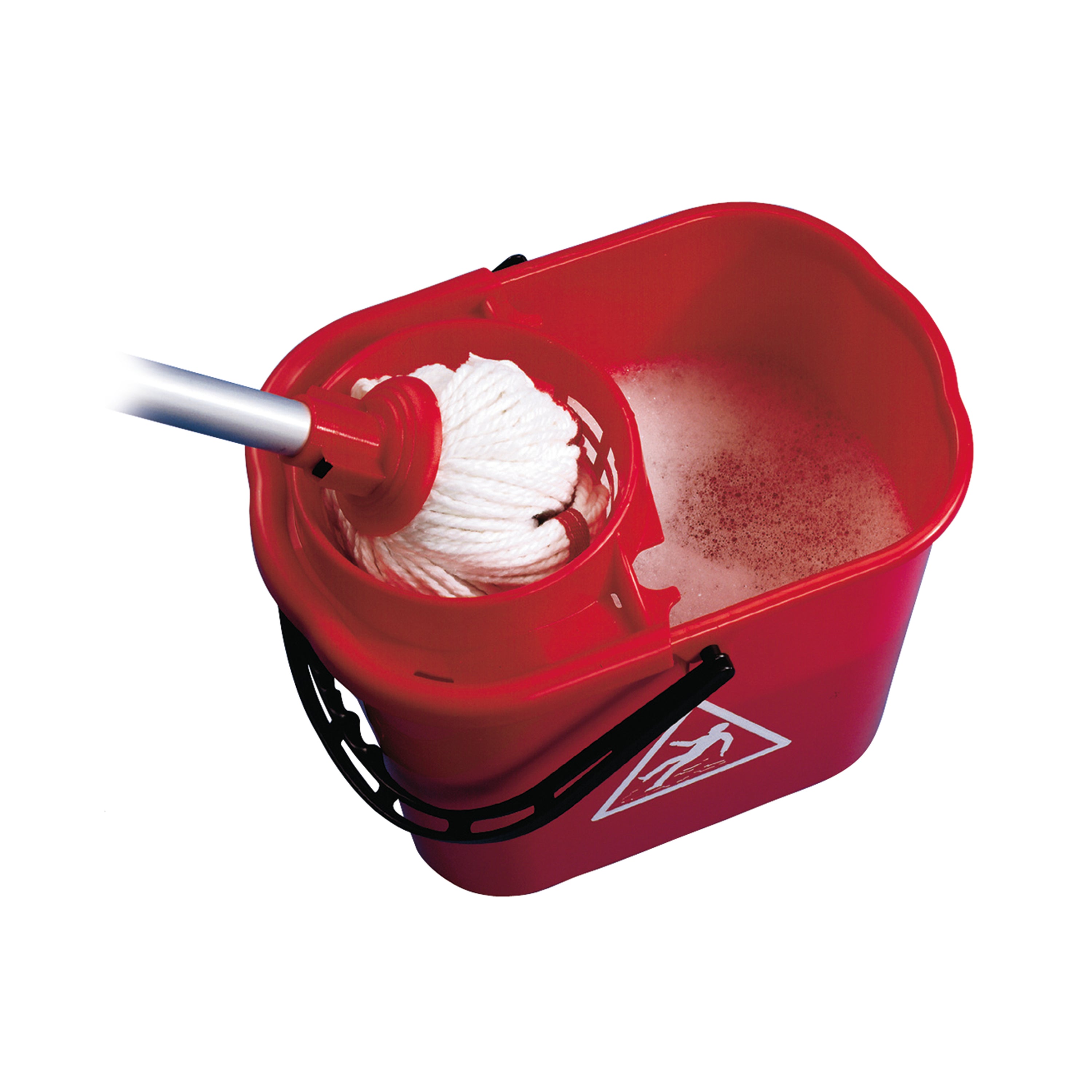 A red 15-litre 2Work plastic mop bucket with a wringer.