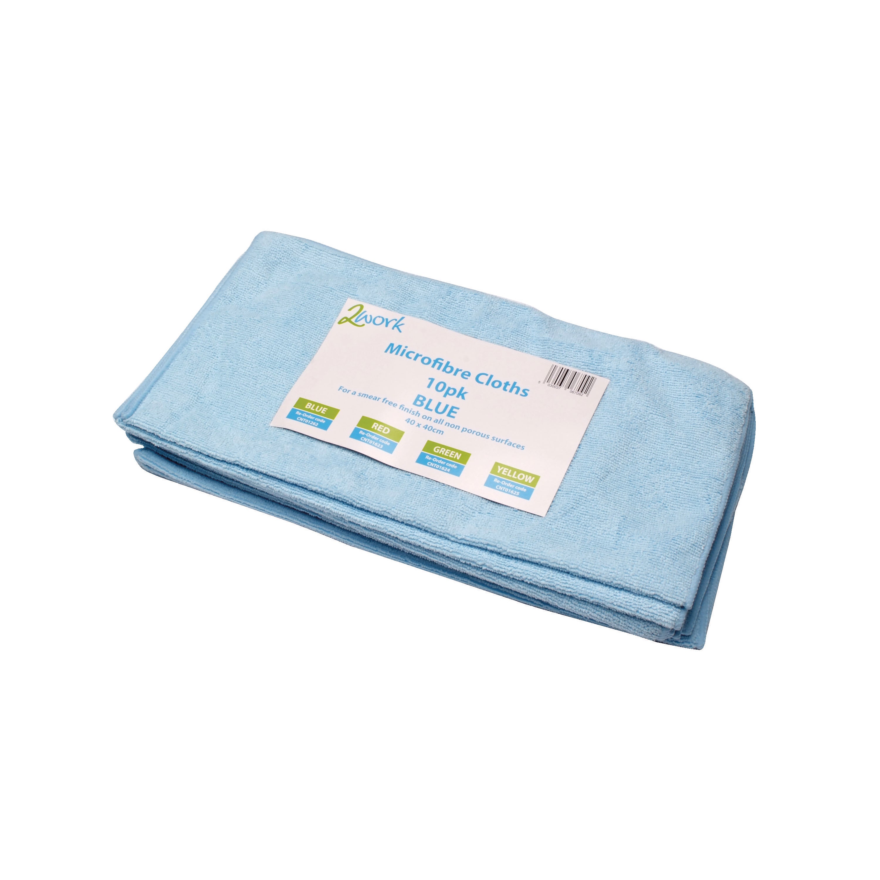 A pack of 10 blue 2Work microfibre cloths.