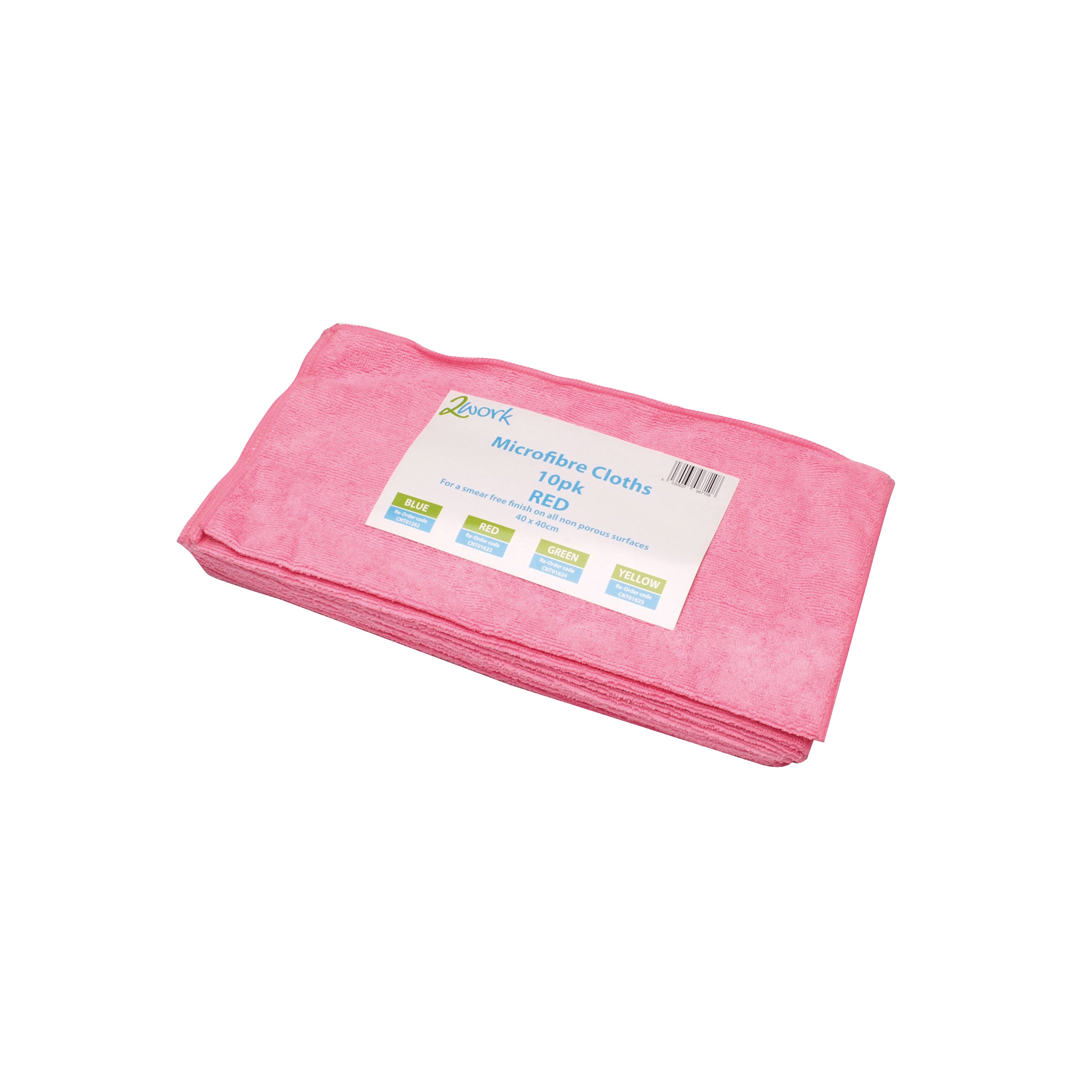 A pack of 10 red 2Work microfibre cloths.
