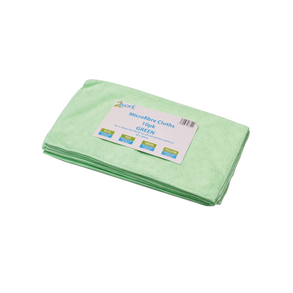 A pack of 10 green 2Work microfibre cloths.