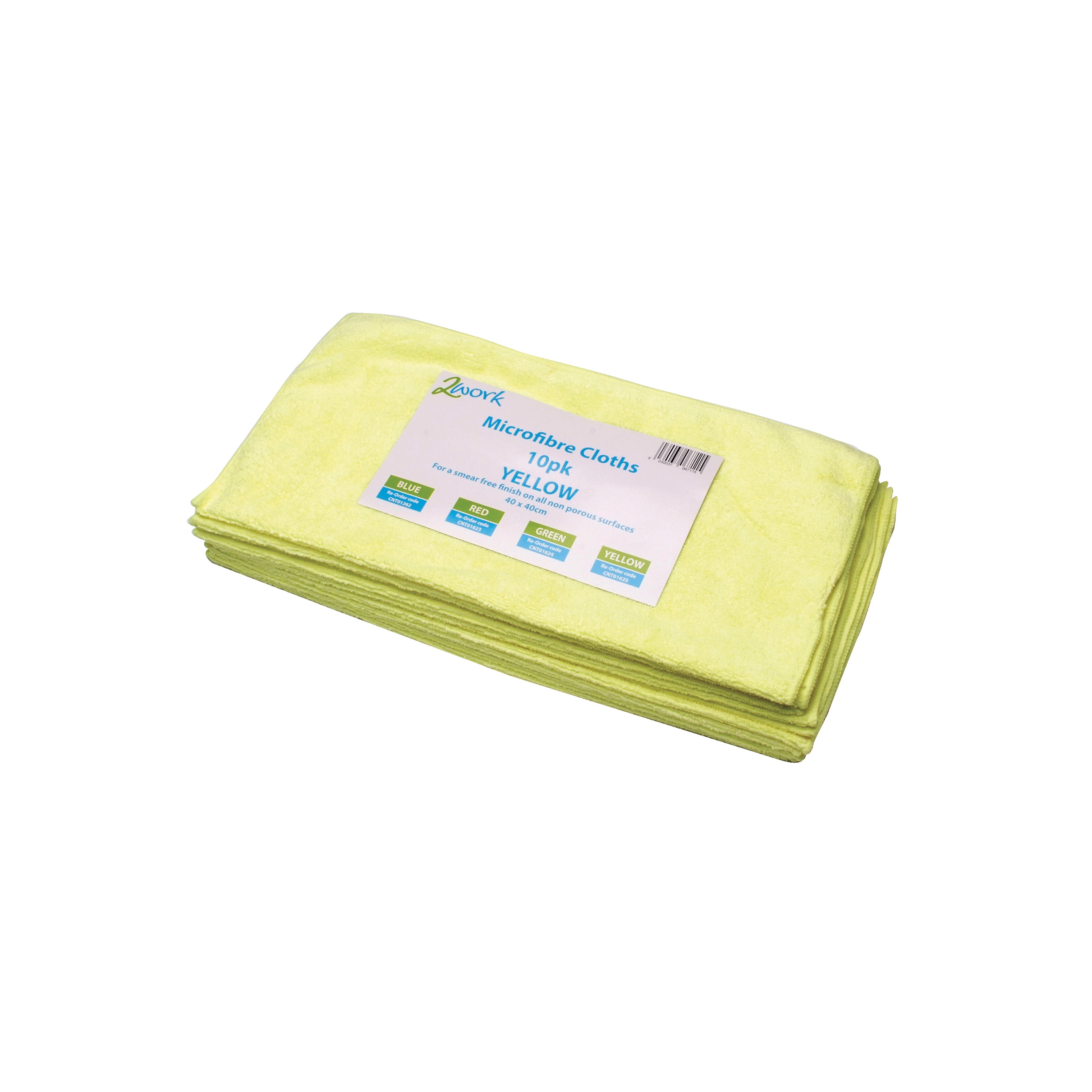 A pack of 10 yellow 2Work microfibre cloths.