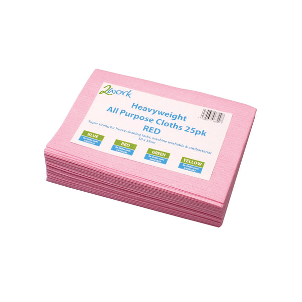 A pack of 25 red 2Work heavyweight all-purpose cloths.