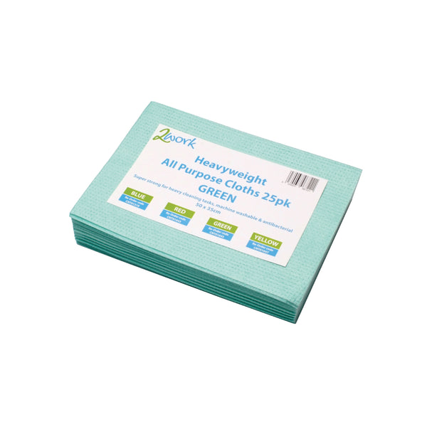 A pack of 25 green 2Work heavyweight all-purpose cloths.