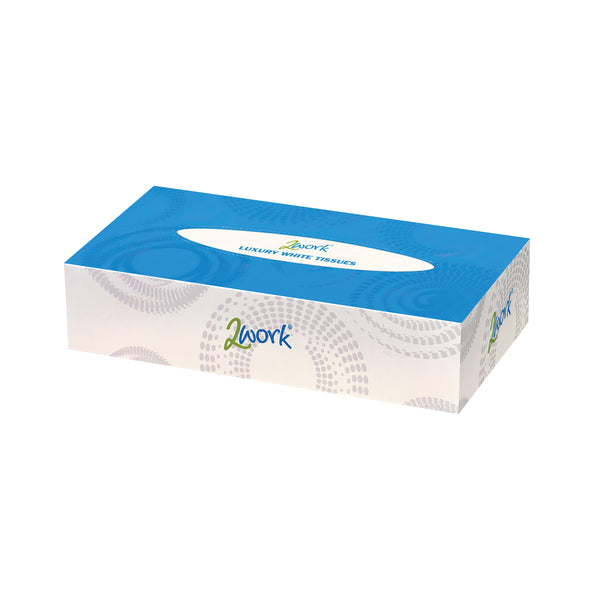 A pack of 36 boxes of 2-ply 2Work facial tissues.