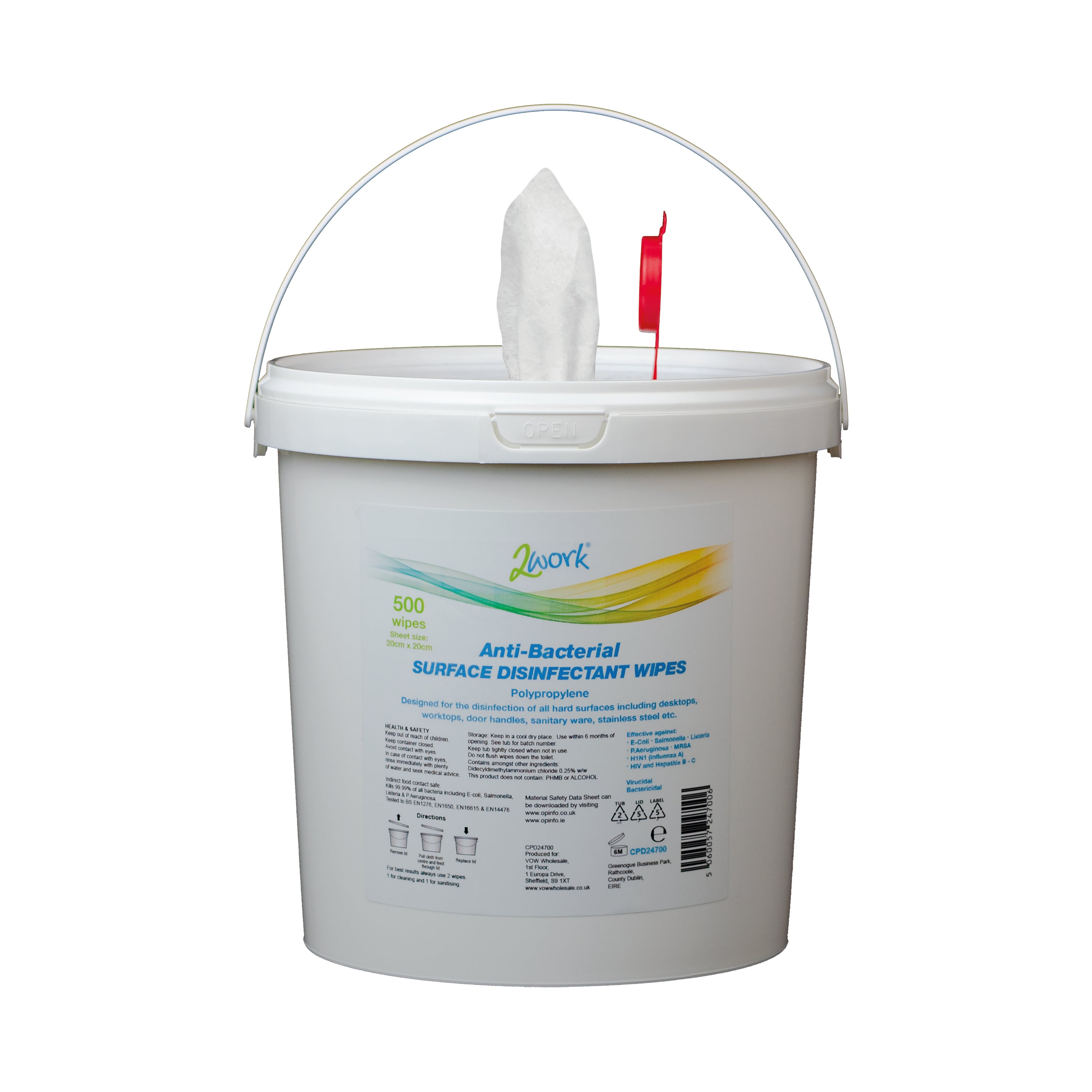 A pack of 500 2Work disinfectant wipes.