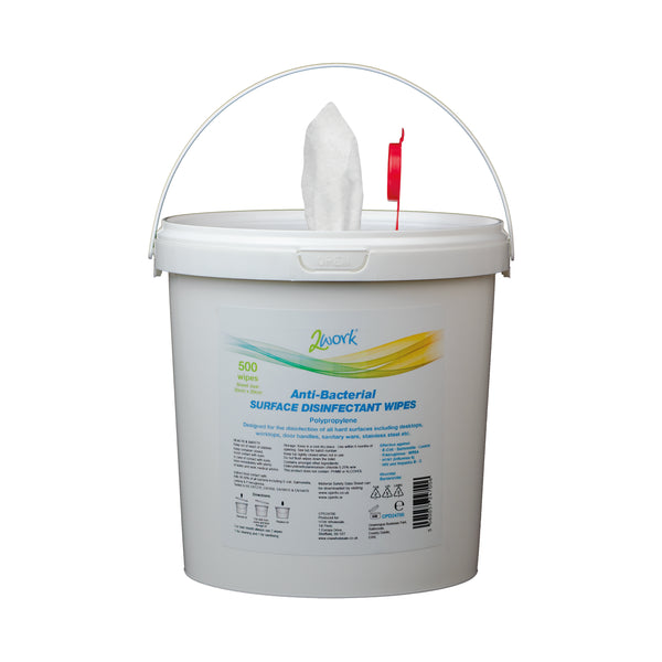 A pack of 500 2Work disinfectant wipes.