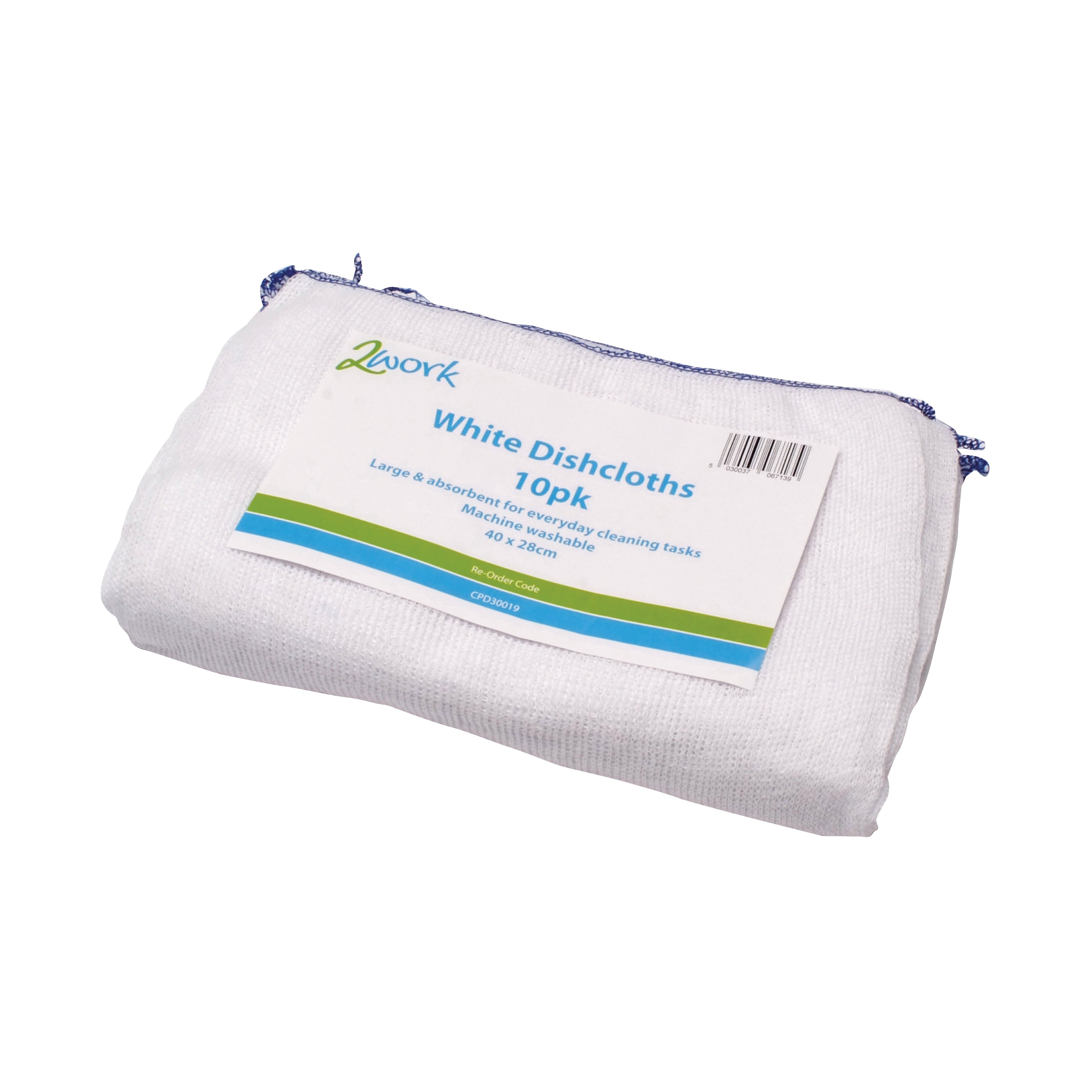 A pack of 10 white 2Work dishcloths.