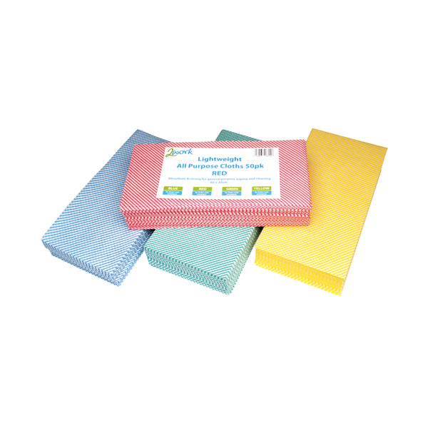A pack of 50 red lightweight 2Work all-purpose cloths.