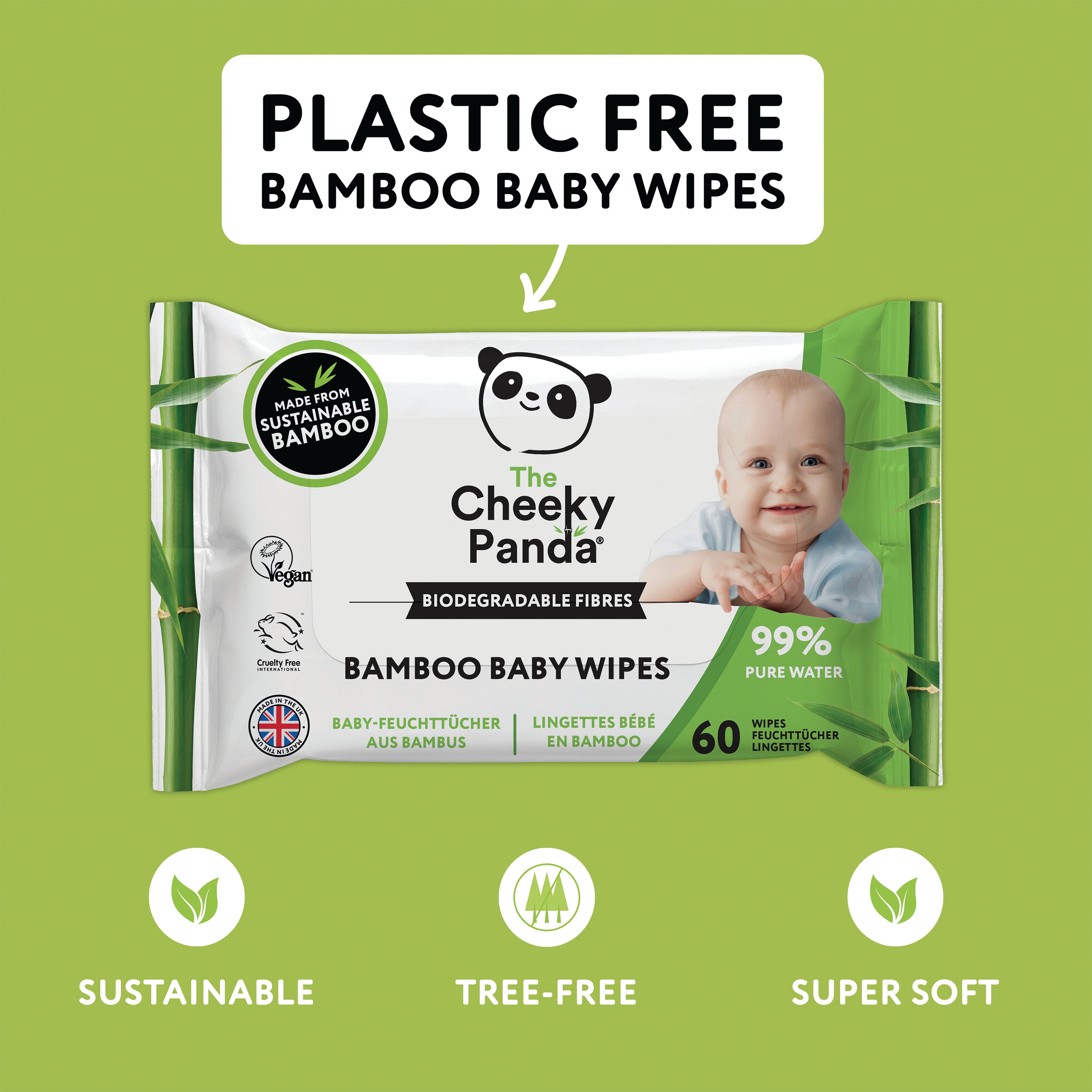 Cheeky Panda Biodegradable Bamboo Baby Wipes Packet of 60 Wipes (Pack of 12) BABYW-GBR