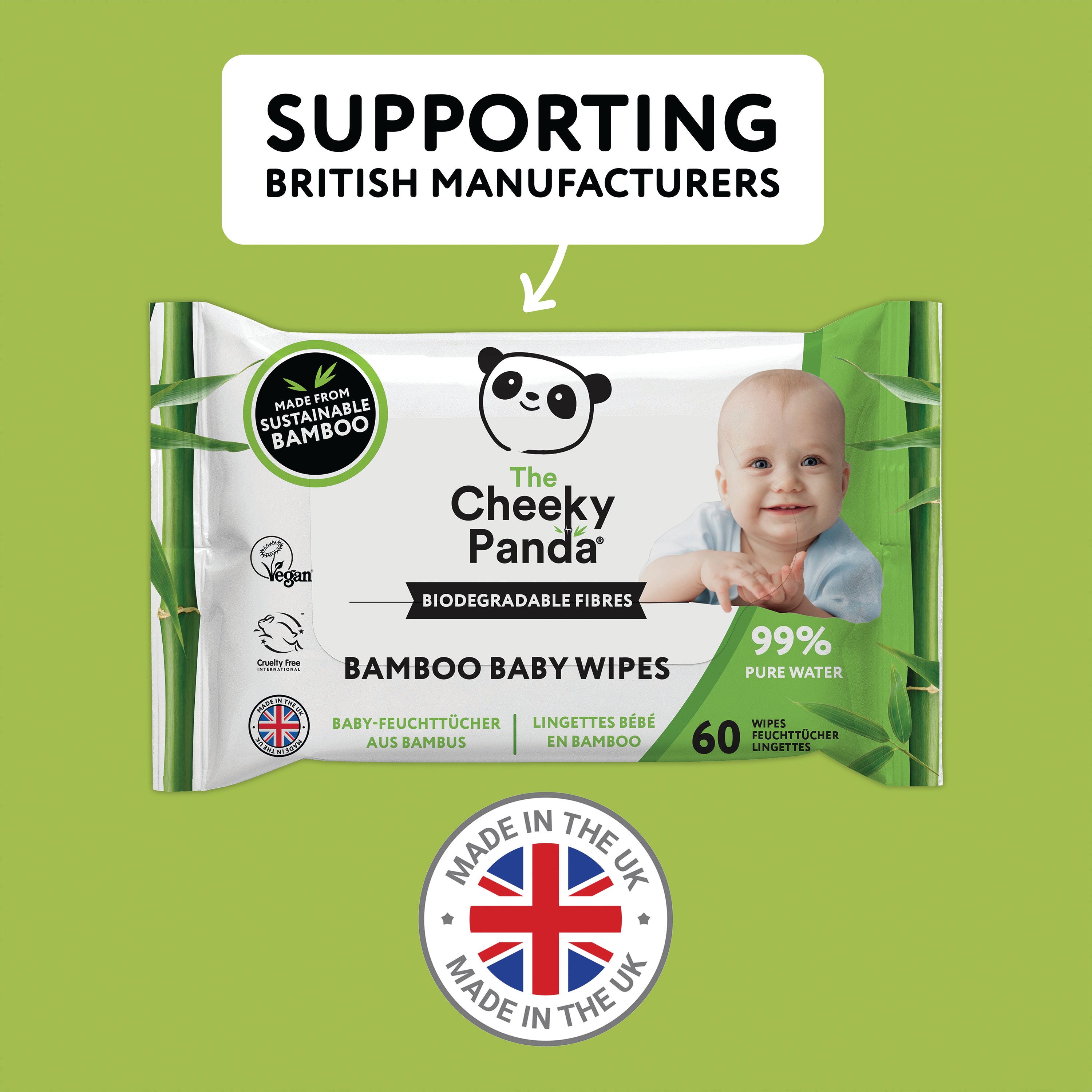 Cheeky Panda Biodegradable Bamboo Baby Wipes Packet of 60 Wipes (Pack of 12) BABYW-GBR