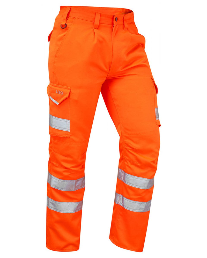 Bright orange Bideford poly-cotton cargo trousers for high visibility.