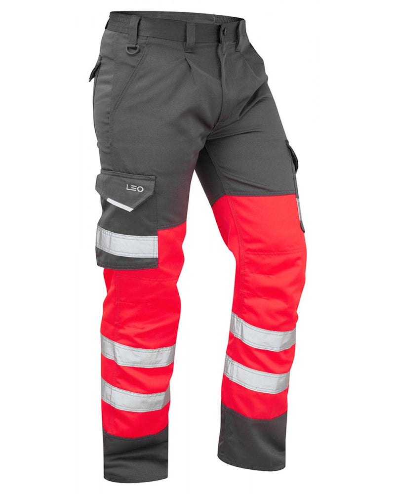 Bideford hi-vis red and grey cargo trousers for professional use.