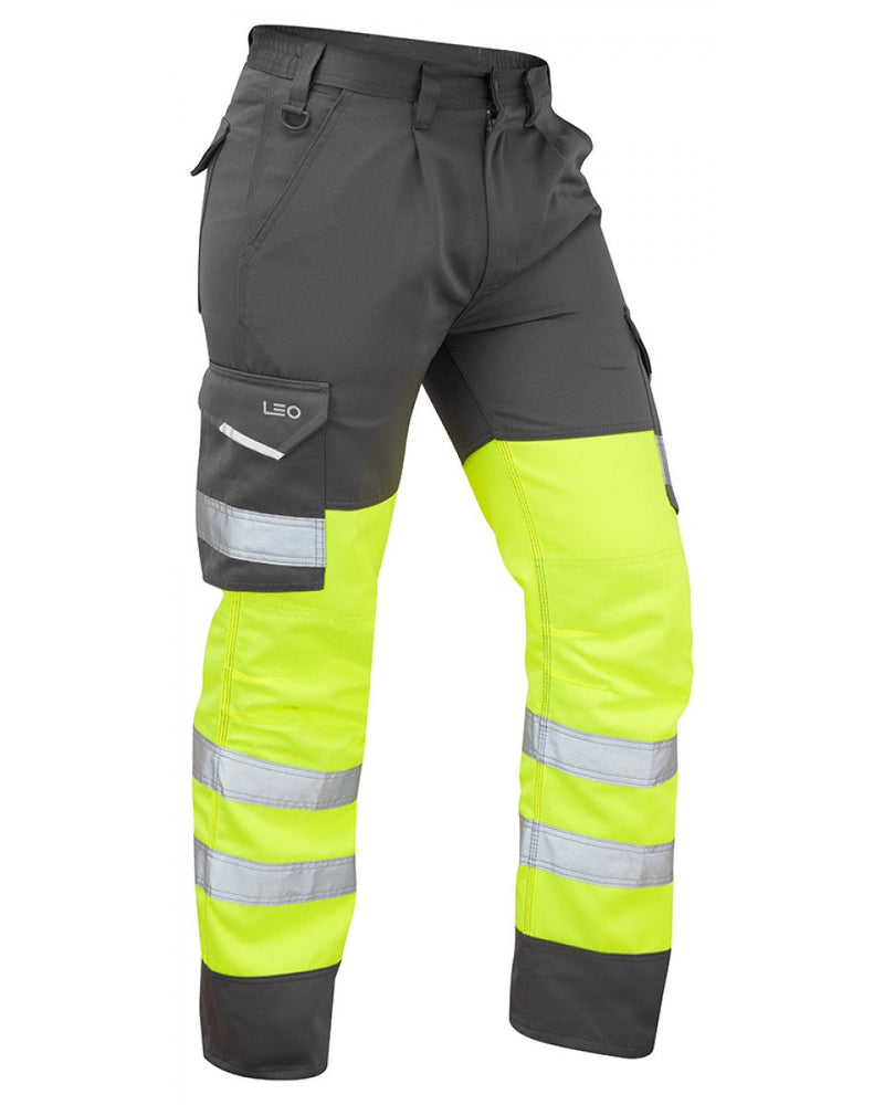 Leo Workwear Bideford hi-vis yellow and grey safety trousers.
