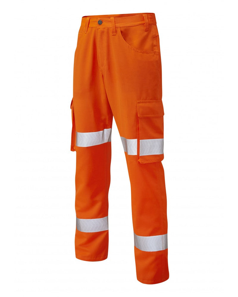 Leo Workwear Yelland orange hi-vis trousers with reflective strips for enhanced protection