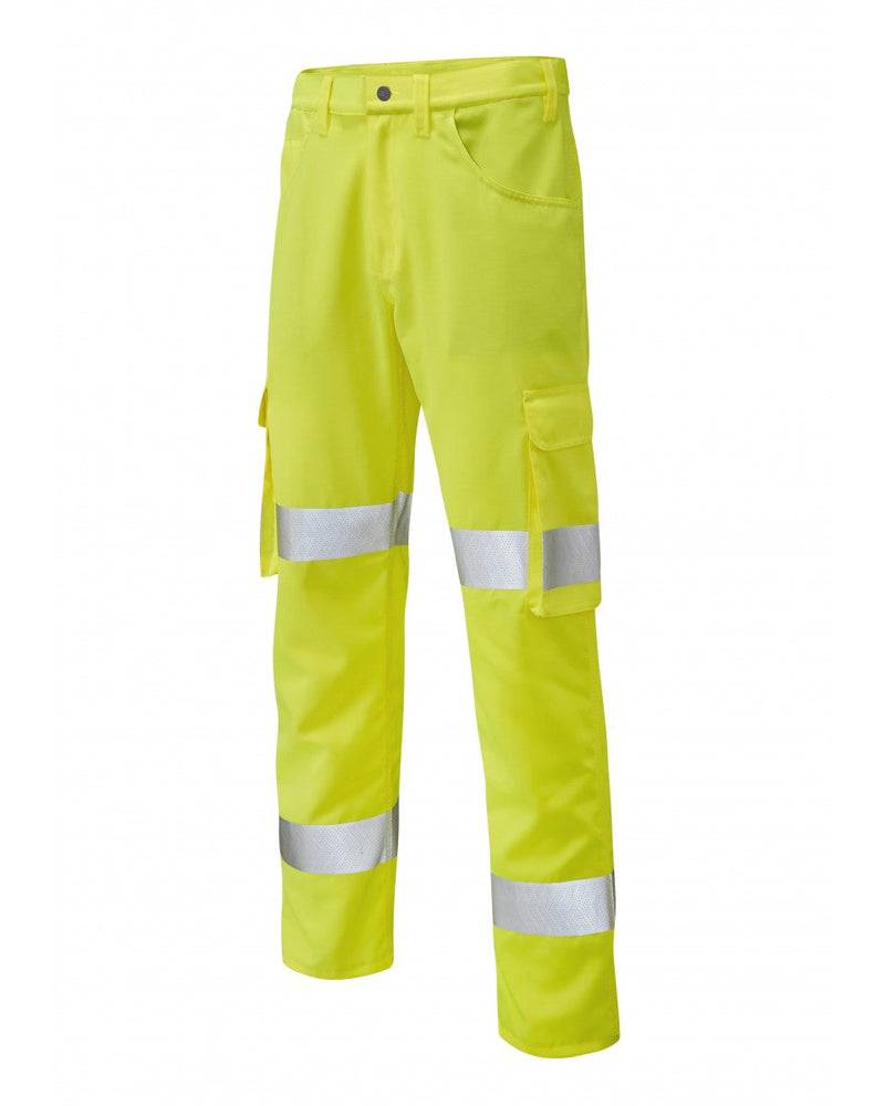 Leo Workwear Yelland yellow high-visibility trousers for improved safety and worker comfort