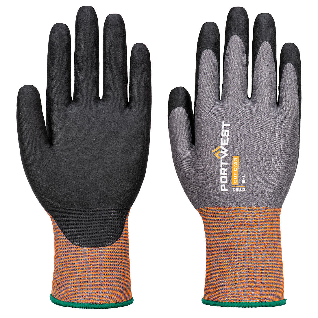 Lightweight Portwest Cut C gloves in grey/black with sandy nitrile palm coating, shown front and back