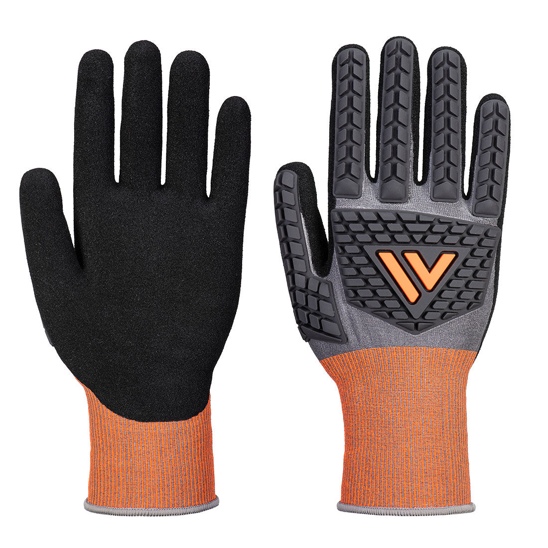 Orange-cuffed anti-impact work gloves with black textured palm and TPR knuckle pads, front-and-back view