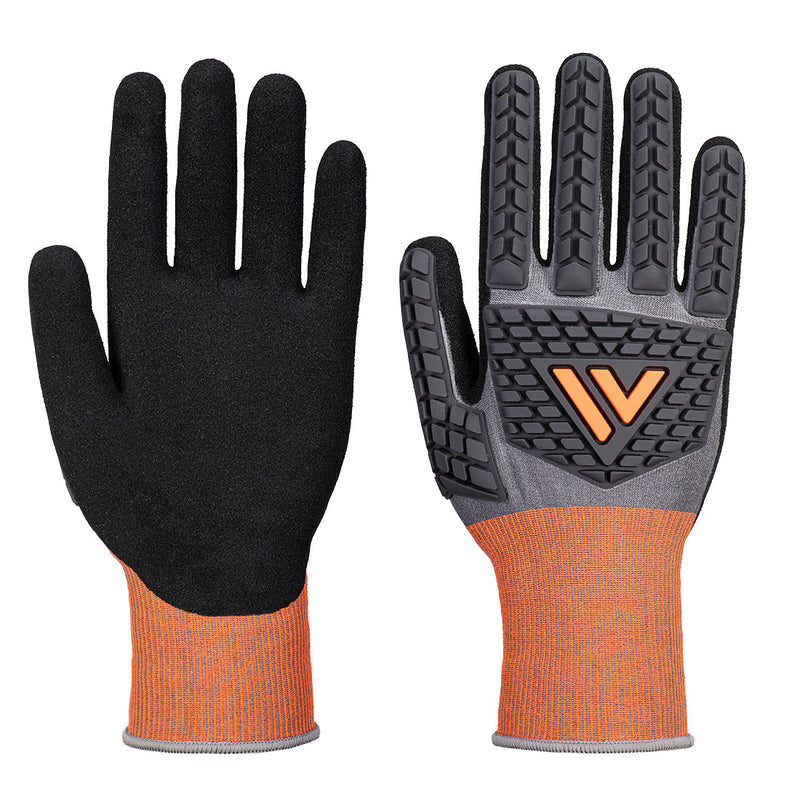 Orange-cuffed anti-impact work gloves with black textured palm and TPR knuckle pads, front-and-back view
