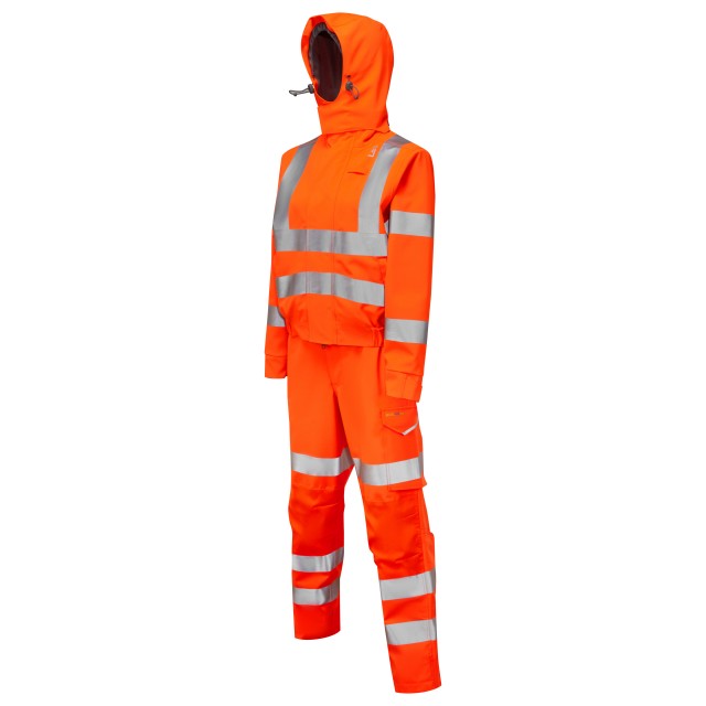 Left side view of the Leo Workwear Honeychurch women's stretch coverall in hi-vis orange. 