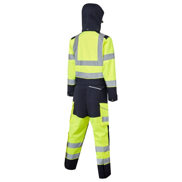 Back view of the Leo Workwear Honeychurch women's stretch coverall in hi-vis yellow and navy for full safety coverage.
